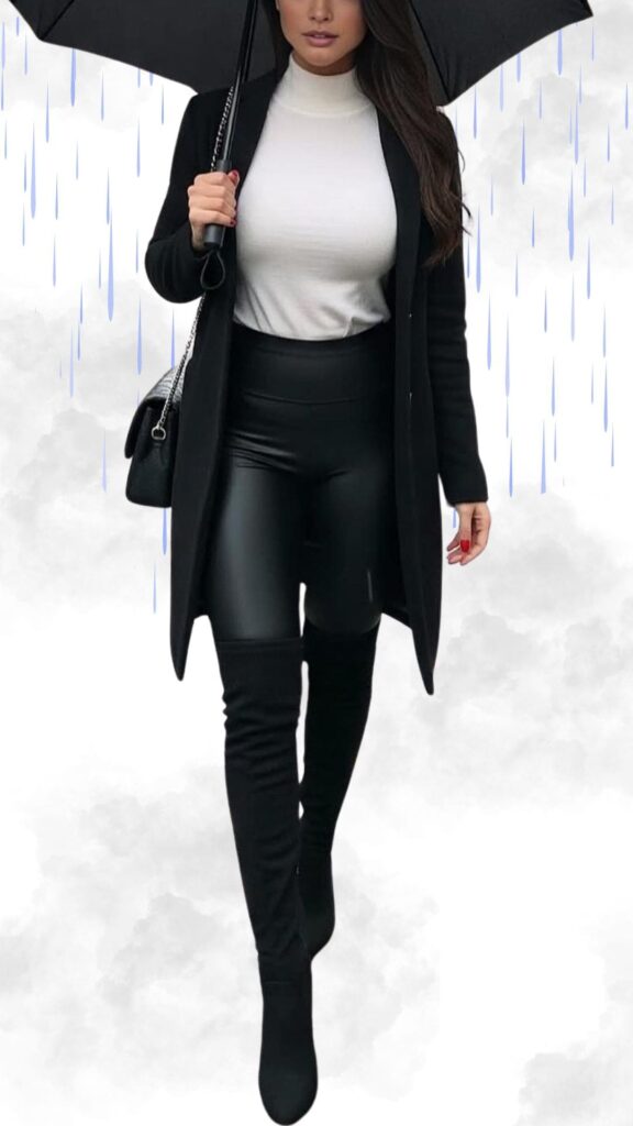 The outfit features a stylish white turtleneck paired with sleek black faux leather leggings, creating a chic contrast. A long, tailored black cardigan adds sophistication, while over-the-knee black boots offer both warmth and elegance. Accented with a small black handbag and an umbrella, this ensemble is perfect for staying warm and fashionable on rainy fall and winter days.