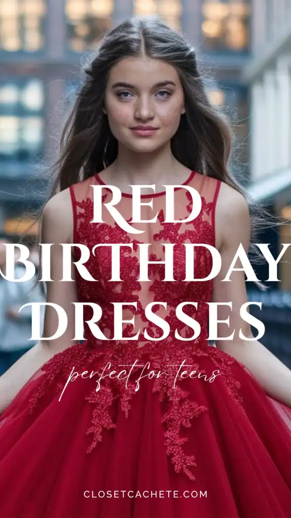 young adolescent teen wearing a stunning red birthday dress that stands out in the crowd