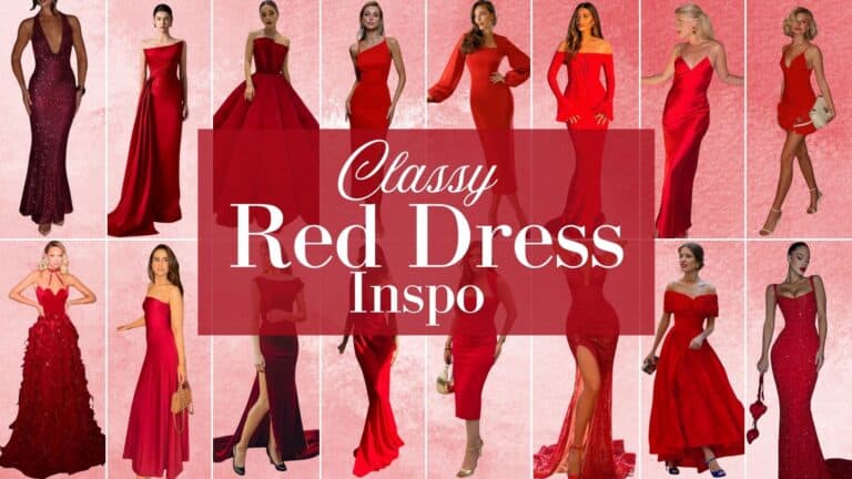 A range of classy red dresses is displayed, featuring various tones from deep crimson to vibrant scarlet. The silhouettes vary from fitted forms to voluminous skirts, showcasing diverse necklines such as plunging, off-the-shoulder, and strapless styles, along with different sleeve options, including long, short, and sleeveless. Materials range from sleek satin to textured sequins, providing a striking visual contrast while highlighting the elegance and versatility of red dresses for formal occasions.
