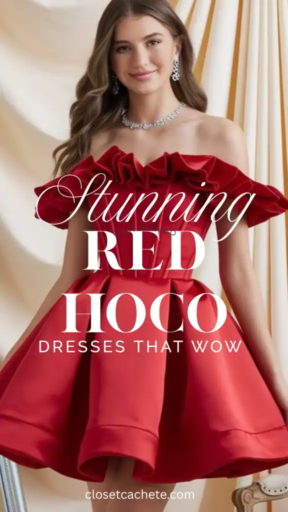 This red homecoming dress features a voluminous skirt and a ruffled off-the-shoulder neckline, crafted from a smooth satin fabric that adds a touch of elegance. With its bold crimson hue and playful silhouette, it embodies a youthful and trendy vibe, perfect for a festive school dance or homecoming event.
