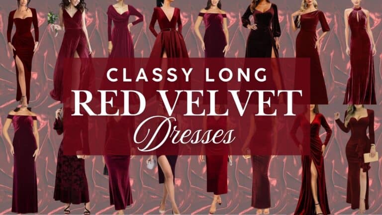 A collection of elegant red velvet gowns is displayed, showcasing various styles including off-the-shoulder, form-fitting, and flowing designs. Each dress features rich hues of red, accentuated by the luxurious texture of velvet, ideal for formal events. The background provides a subtle sheen that enhances the opulence of the dresses.