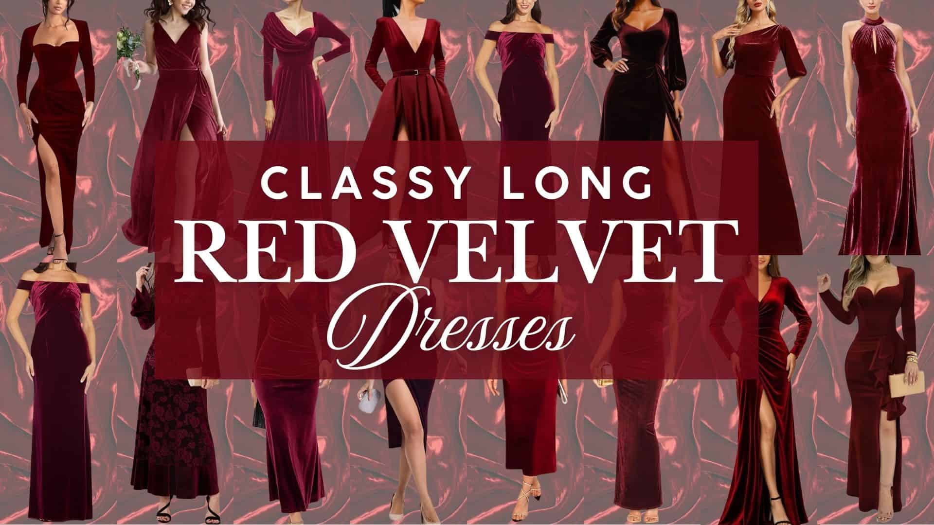 A collection of elegant red velvet gowns is displayed, showcasing various styles including off-the-shoulder, form-fitting, and flowing designs. Each dress features rich hues of red, accentuated by the luxurious texture of velvet, ideal for formal events. The background provides a subtle sheen that enhances the opulence of the dresses.