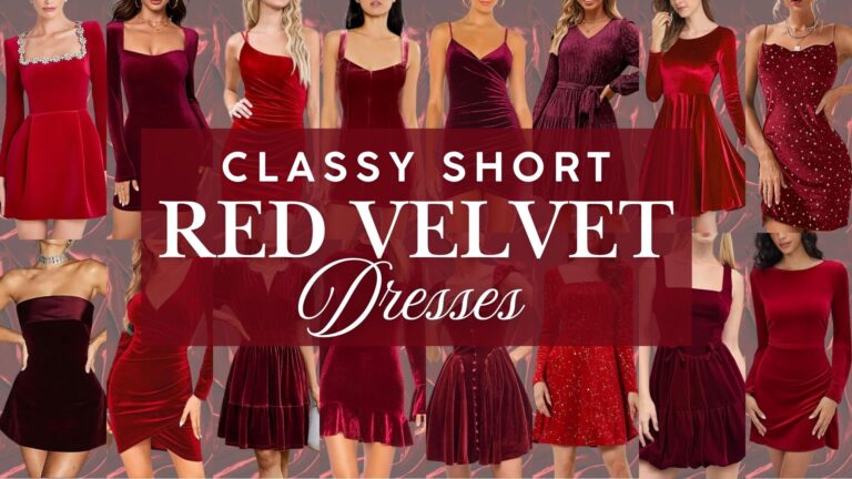 A collage of short red velvet dresses showcases a variety of styles, including off-the-shoulder, long-sleeved, and A-line silhouettes. The rich, deep red fabric elevates the glamorous look, making these gowns ideal for festive parties and fun events. Each dress features unique details like sequins, ruffles, and varying necklines, adding to their elegant appeal.