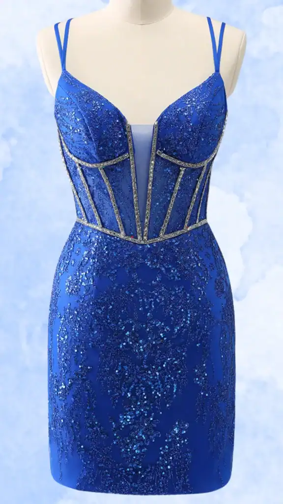 This tight homecoming dress features a deep royal blue color adorned with intricate beadwork and sequins that create a shimmering effect. The fitted bodice is designed with a structured corset style, enhancing the waist, while delicate spaghetti straps add a feminine touch. The dress culminates in a sleek silhouette, making it ideal for a stunning evening look.