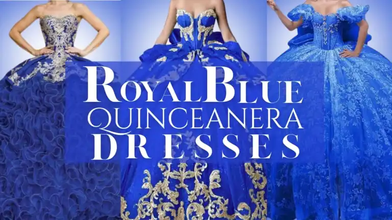 Three elegant royal blue quinceañera dresses showcase intricate designs and lavish details. Each features a fitted, corseted bodice adorned with gold embroidery and embellishments, complemented by voluminous skirts made from layered ruffles or flowing fabrics. The dresses are designed to create a stunning silhouette, emphasizing an opulent and celebratory aesthetic.