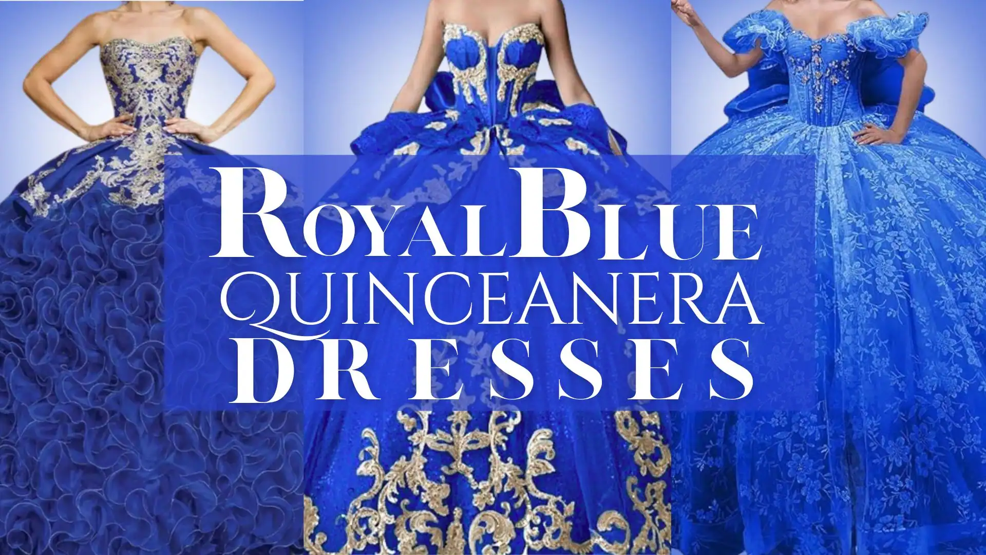 Three elegant royal blue quinceañera dresses showcase intricate designs and lavish details. Each features a fitted, corseted bodice adorned with gold embroidery and embellishments, complemented by voluminous skirts made from layered ruffles or flowing fabrics. The dresses are designed to create a stunning silhouette, emphasizing an opulent and celebratory aesthetic.
