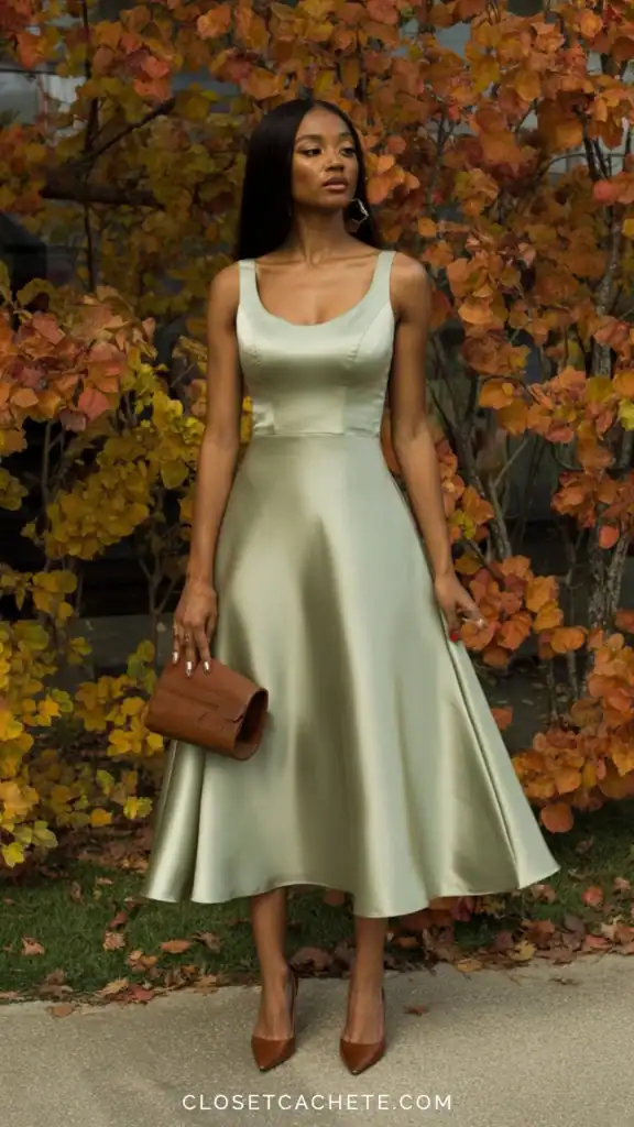 This sage green, A-line dress features a sleek satin finish that adds a touch of elegance, complemented by a smooth texture that drapes beautifully. Perfect for a formal fall wedding, its minimalist design and classic fit offer a romantic vibe, making it an ideal choice for teenage girls looking to make a sophisticated statement.