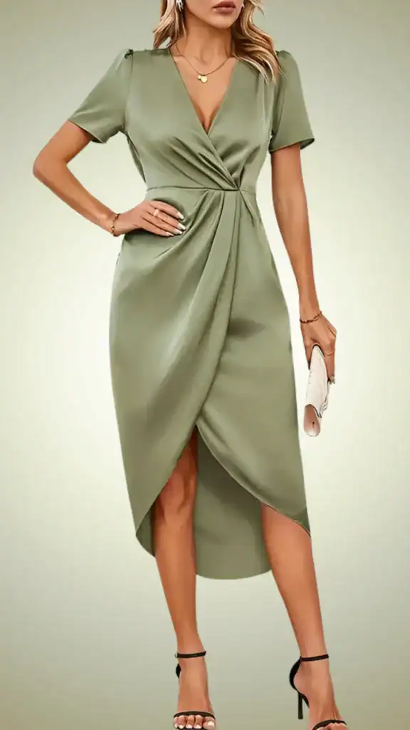 This sage green dress features a sleek, satin-like fabric with a smooth, glossy texture, showcasing a subtle drape and elegant twist detail at the waist that flatters the figure. With a classy knee-length design and a thigh-high slit, it exudes sophistication, making it perfect for a formal fall wedding or special occasion, appealing to teenage girls seeking a chic and trendy look.