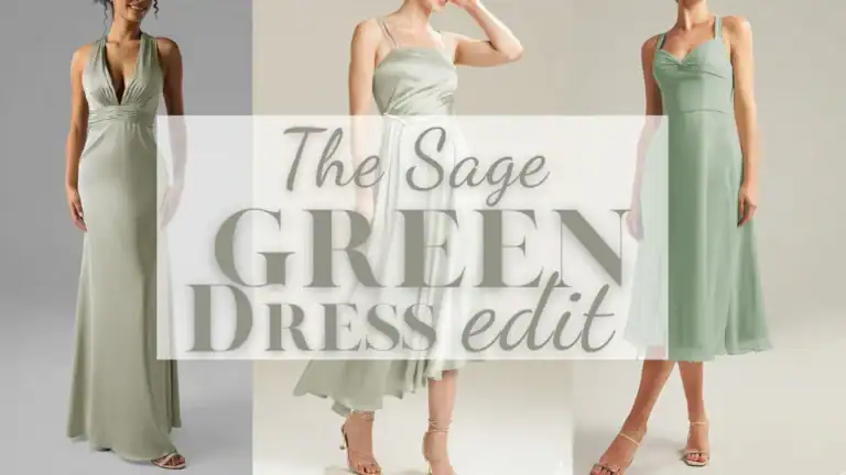 The image features three variations of sage green dresses, showcasing different styles. The first dress has a plunging neckline and a sleek, fitted silhouette, while the second displays a flowing A-line shape with delicate straps, and the third features a fitted bodice with a sweetheart neckline, complemented by a flared skirt. All designs exude elegance through their soft, muted sage green hue.