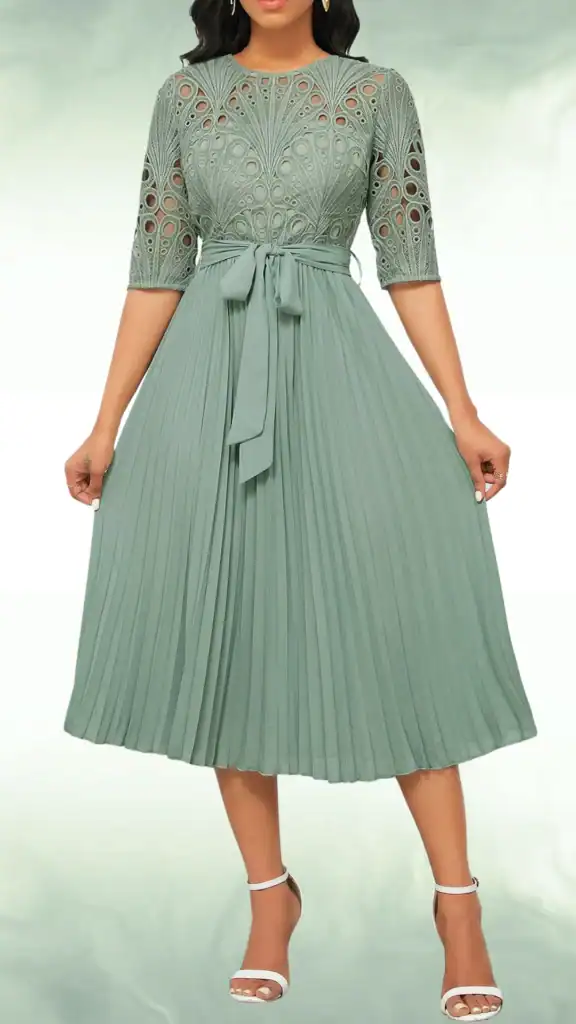 This sage green fall wedding guest dress features a lace bodice with intricate cut-out detailing and three-quarter sleeves, paired with a flowing, pleated A-line skirt that falls to mid-calf. The overall design presents a romantic and elegant vibe, making it suitable for formal events, particularly for teenage girls seeking a sophisticated look.