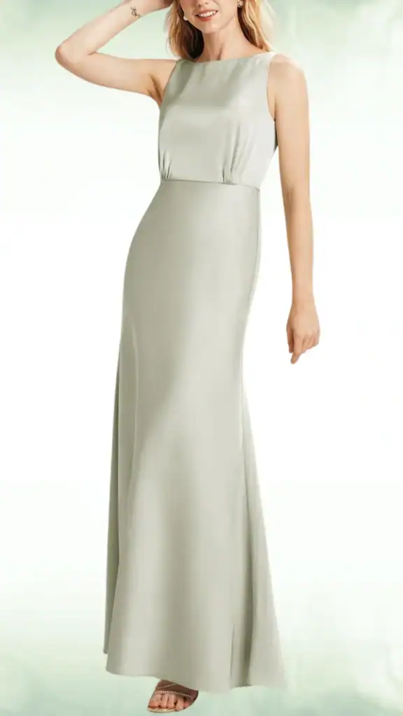 This sage green fall wedding guest dress features a sleek, fitted silhouette that gracefully flares into a subtle mermaid shape, crafted from smooth, lightweight fabric that drapes elegantly. Its minimalist design, with a simple boat neckline and smooth lines, creates a romantic and refined vibe, making it ideal for formal events or elegant gatherings, especially suited for teenage girls attending weddings or special occasions.