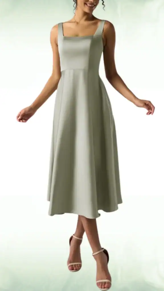 This sage green dress features a squared neckline and delicate straps, crafted from a smooth, soft fabric that drapes elegantly to a midi length, creating a flattering A-line silhouette. The overall vibe is minimalist and classic, making it an ideal choice for a formal wedding or special occasion, perfect for teenage girls looking to make a stylish statement.