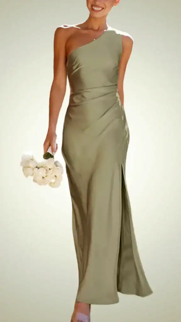This sage green, one-shoulder dress features a sleek, smooth fabric that drapes elegantly along the body, complemented by a high slit for a modern touch. With its tailored fit and minimalistic design, it's perfect for a formal fall wedding, exuding a romantic yet trendy vibe, ideal for teenage girls.