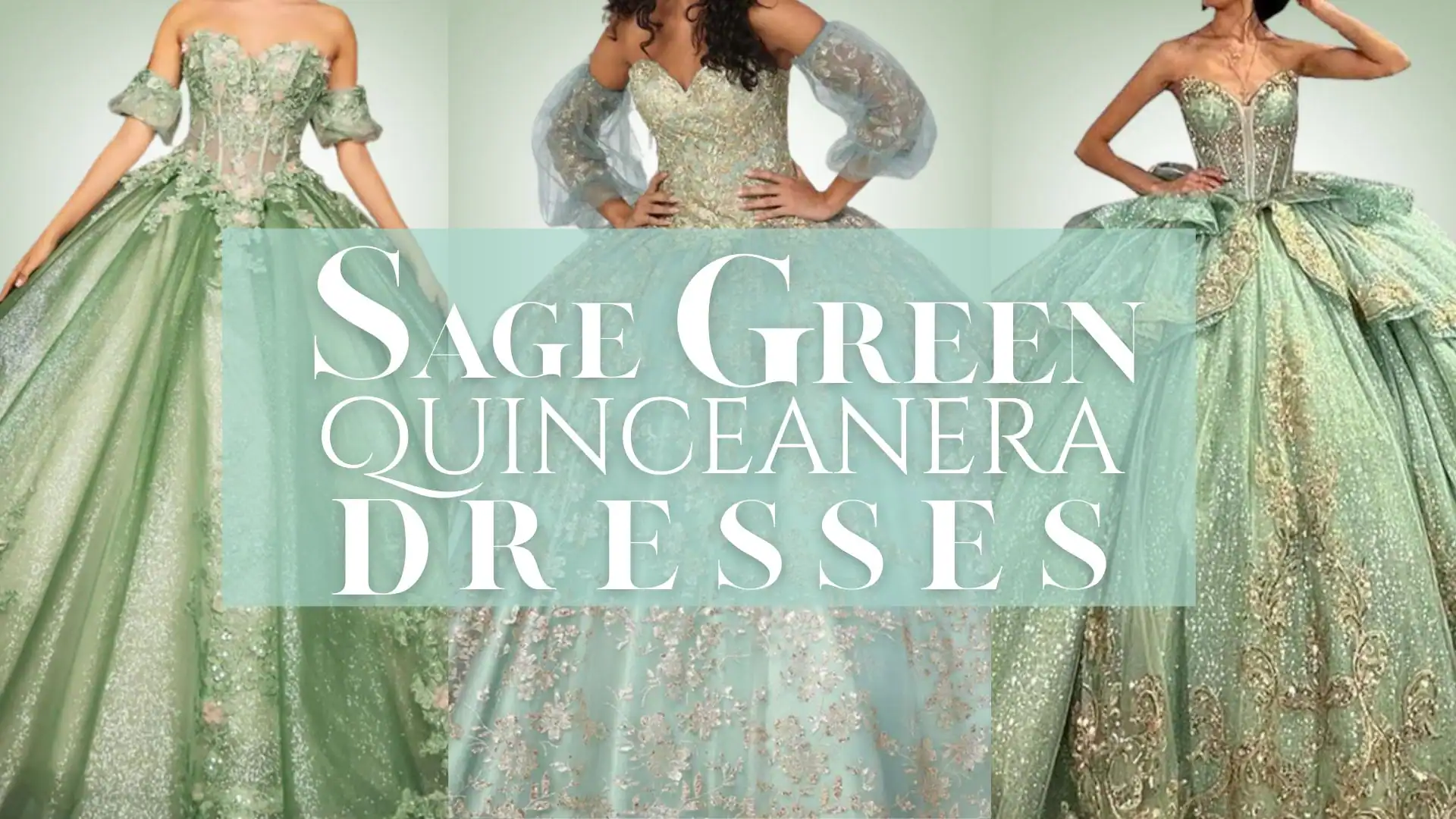 The sage green quinceañera dresses feature intricate floral embellishments and beaded details on corseted bodices, complemented by voluminous skirts that create a dramatic silhouette. Some designs incorporate sheer puff sleeves, while others showcase layered textures for added dimension, all presented in various shades of soft sage. The overall fit emphasizes the waist while allowing for elegant movement in the flowing fabric.