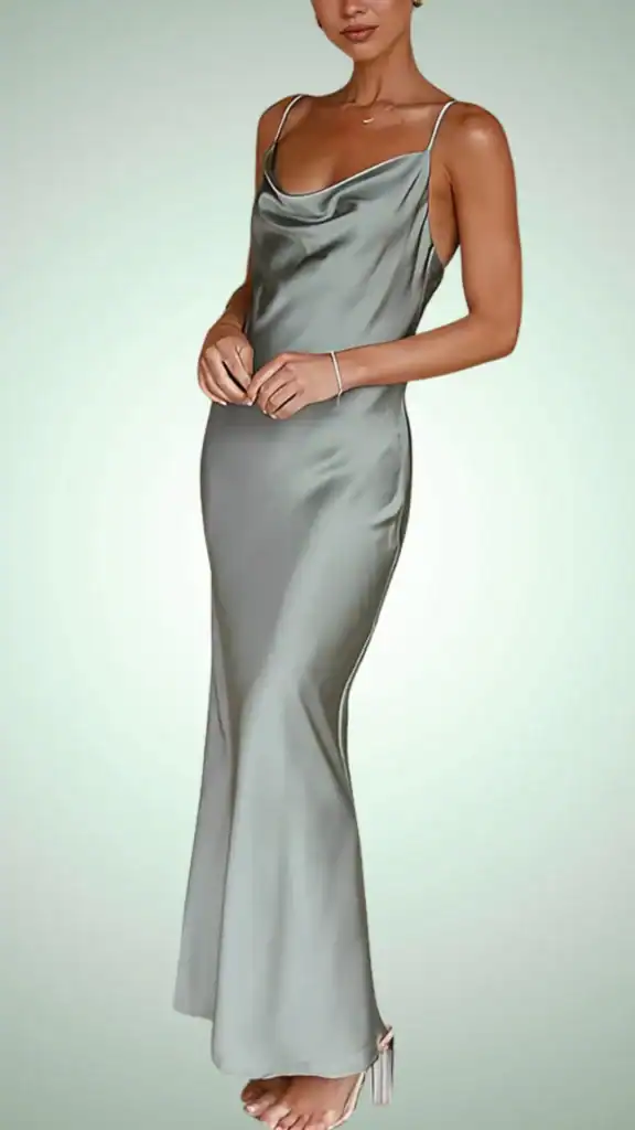 This sage green fall wedding guest dress features a sleek, satin-like fabric with a smooth texture, creating a refined silhouette; its cowl neckline and form-fitting design enhance a sophisticated and elegant vibe. Ideal for formal occasions, this timeless piece offers a flattering fit that gracefully hugs the body and flows into a subtle flare, making it perfect for teenage girls seeking a classic yet trendy look.