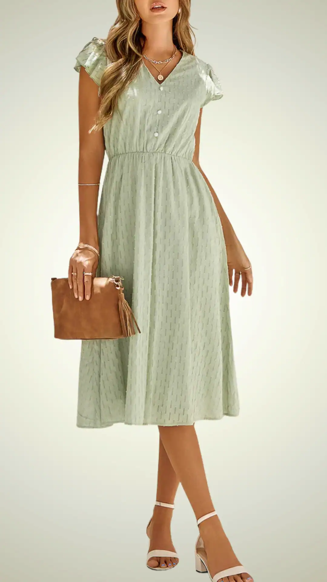 Sage green wedding guest dress featuring a relaxed A-line fit, v-neckline, short puff sleeves, and delicate gathering at the waist, perfect for formal events under $100.