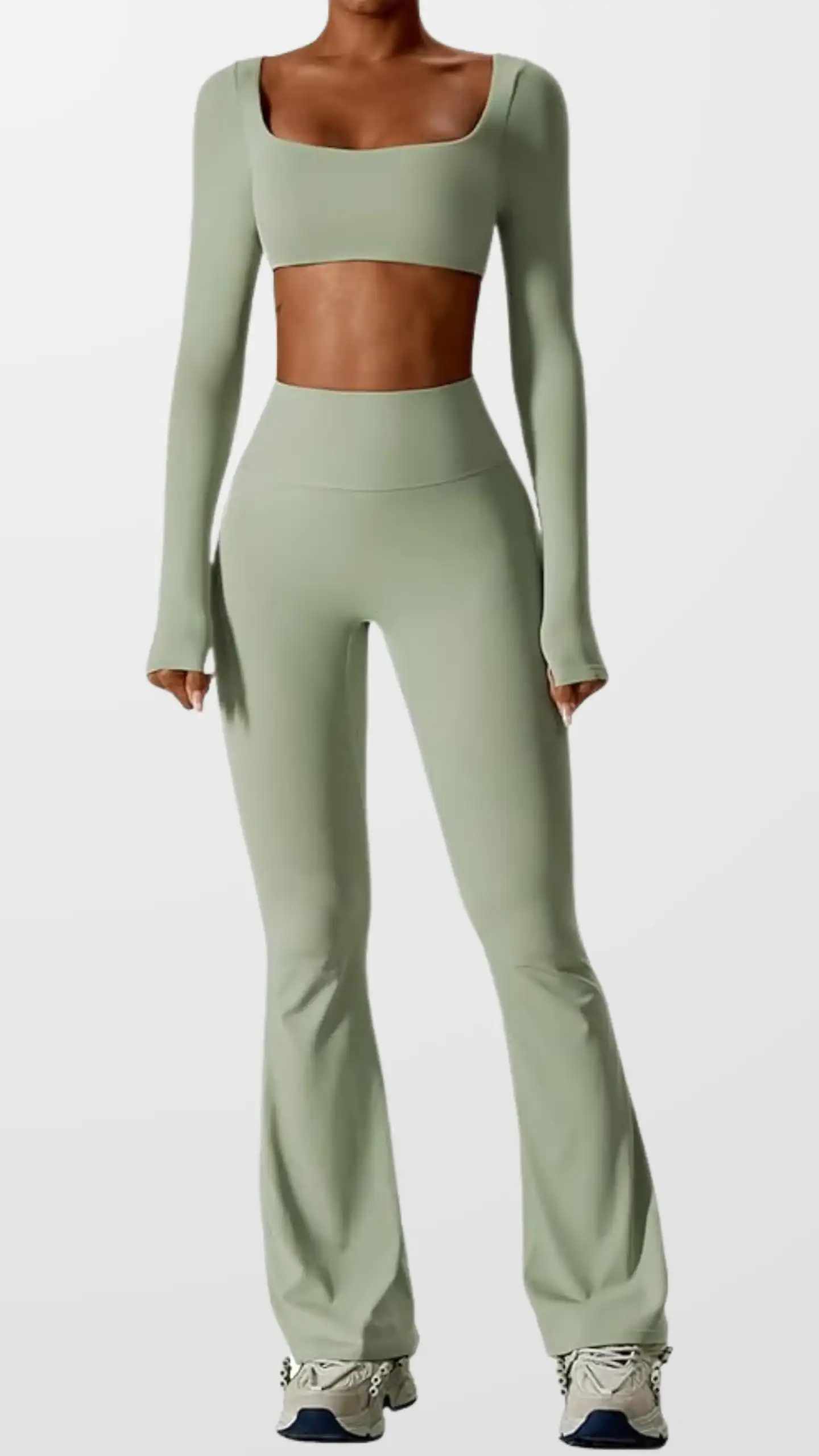 This two-piece workout set features a soft sage green color, made from breathable 78% nylon and 22% elastane for a silky, lightweight feel. The long sleeve crop top with a low-cut square neckline and high-waisted flare leggings are designed for medium support, incorporating 4-way stretch and squat-proof fabric, ideal for yoga and casual wear, enhancing both comfort and style for active lifestyles.