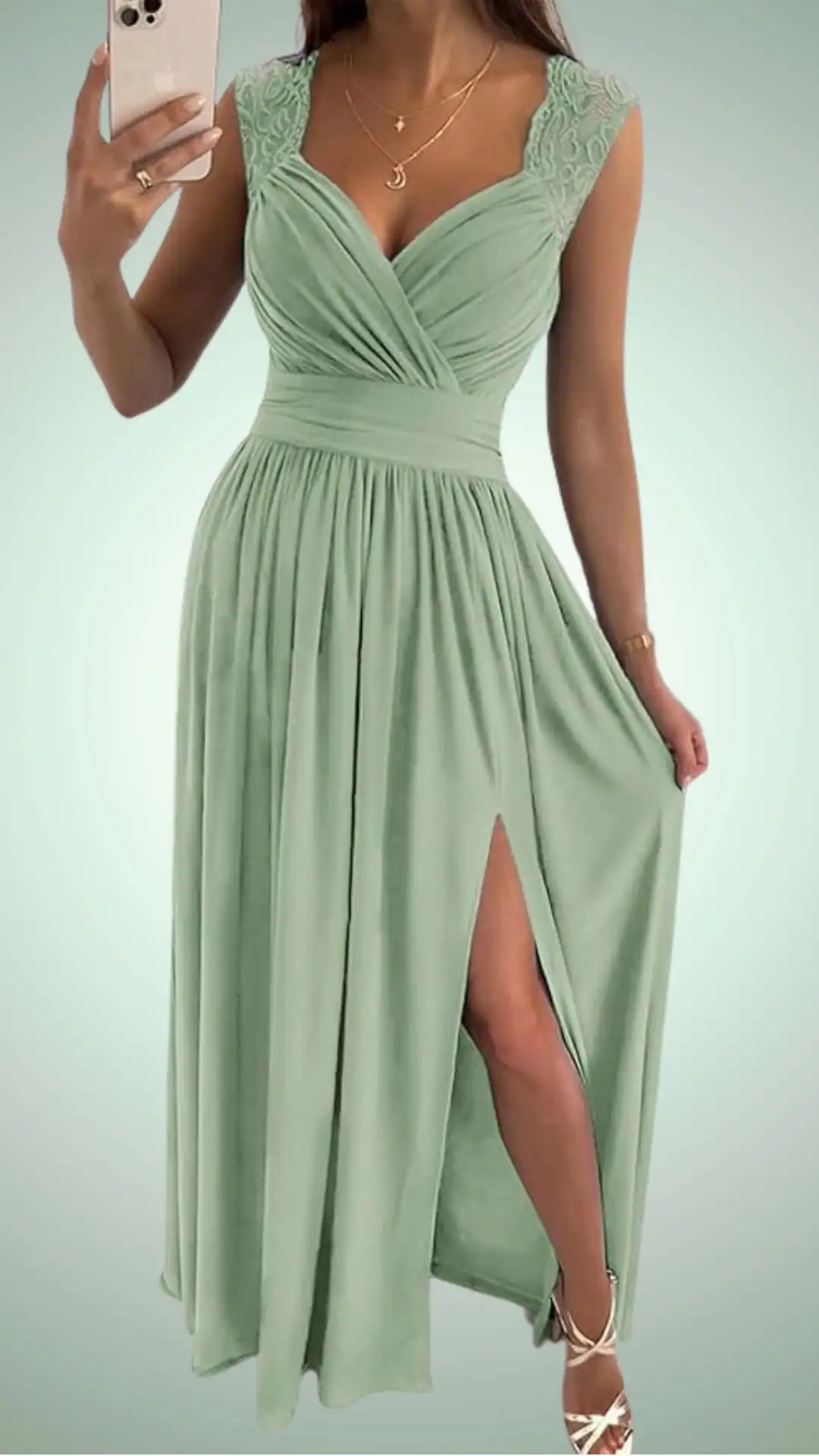 Sage green wrap dress featuring delicate lace cap sleeves, a flattering silhouette, and a high slit, perfect for formal events and teenage girls.