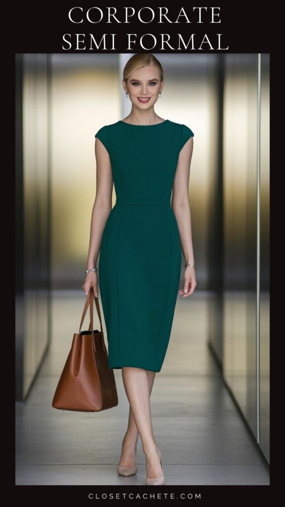 A fitted, knee-length dress in a rich green hue features cap sleeves and a structured silhouette, embodying semi-formal corporate attire. The outfit is complemented by a sophisticated brown tote bag and nude high heels, creating a polished and professional look ideal for workplace settings.