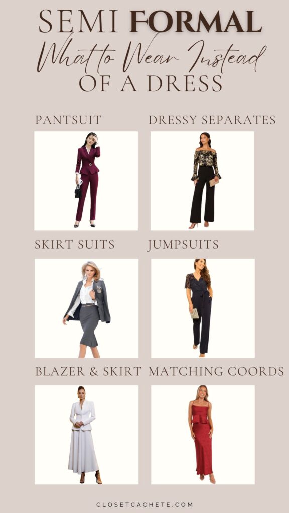 A stylish maroon pantsuit displays tailored pants with a fitted blazer, providing a polished look suitable for semi-formal occasions. Next to it, a vibrant off-the-shoulder top paired with wide-leg trousers creates a chic ensemble. Additional outfits include a sleek skirt suit, elegant jumpsuit, sophisticated blazer with a skirt, and coordinated separates in various colors and styles, all ideal alternatives to traditional dresses.