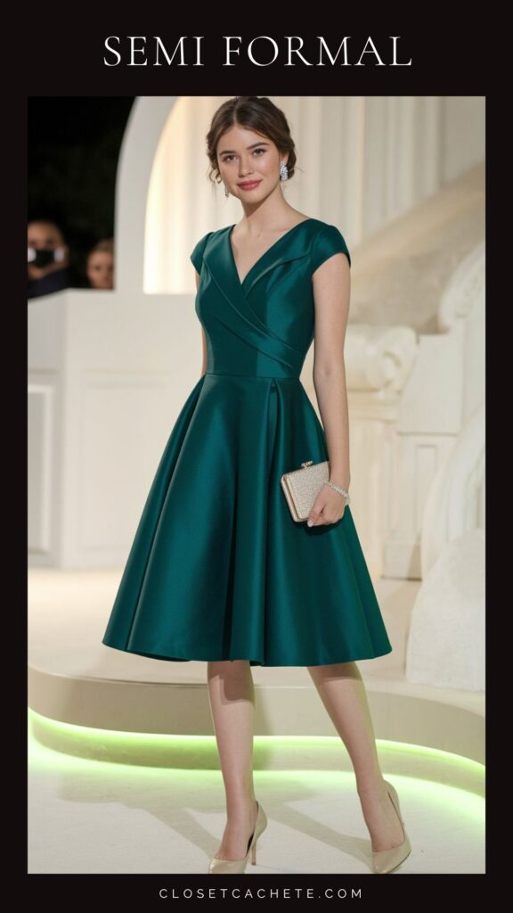 A woman is dressed in a semi-formal, knee-length, emerald green dress with a fitted bodice and cap sleeves, featuring a flattering V-neck and wrapped waist detailing. She accessorizes with a small, sparkling clutch and classic nude heels, completing the elegant ensemble. The dress is styled with soft waves in her hair and subtle earrings, enhancing the overall sophisticated look.
