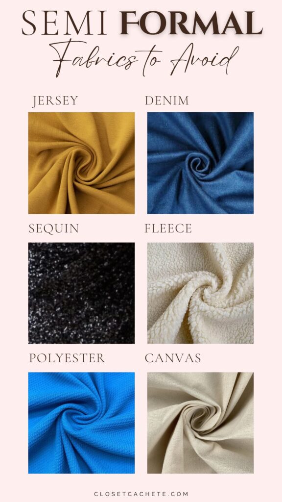 This image features six types of fabrics labeled as "Semi Formal Fabrics to Avoid," arranged in a grid. The fabrics include a mustard jersey, blue denim, shimmering black sequin, cream fleece, bright blue polyester, and beige canvas, each displayed with a close-up view that highlights their textures. The background is soft pink, complementing the color of the fabrics while the text is presented in an elegant font.