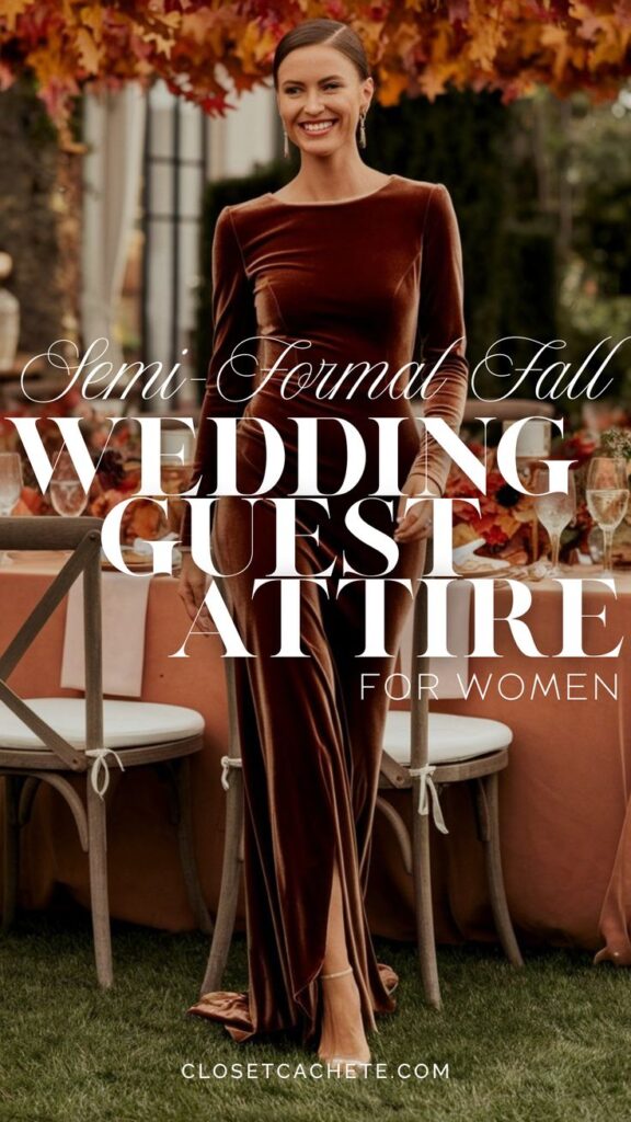 woman in a perfect velvet brown semi formal wedding guest dress