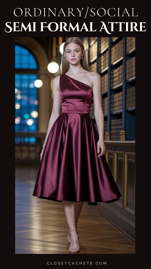 A woman models a one-shoulder, knee-length dress in rich burgundy satin, featuring a fitted bodice and a flared skirt. She pairs the dress with transparent strappy heels, creating an elegant look suitable for semi-formal occasions. The background showcases a classic library setting, enhancing the sophisticated atmosphere.