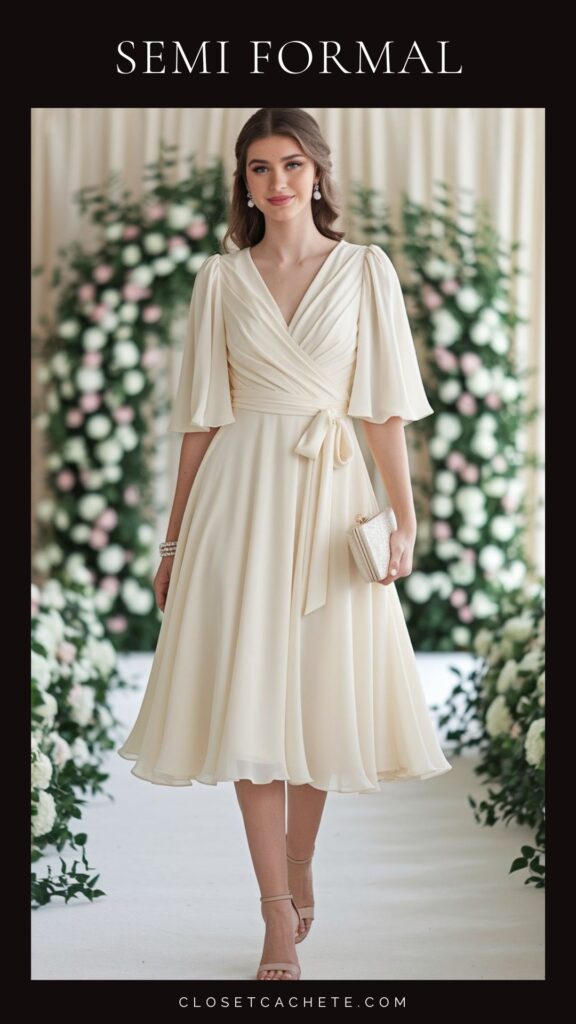 The outfit features a semi-formal, knee-length dress in a soft cream color, with a flattering wrap design and flowy sleeves. Complemented by strappy nude heels, the look is both elegant and suitable for a semi-formal event. A small, sparkly clutch adds a touch of sophistication to the overall ensemble.
