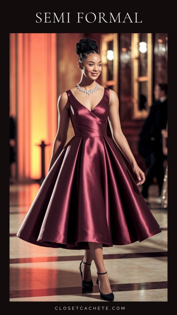 A model wears a deep burgundy semi-formal dress with a fitted bodice and a flared skirt, accentuating an elegant silhouette. The dress features wide straps and a V-neckline, complemented by a statement necklace. She pairs the outfit with sleek black heels, enhancing the sophisticated look appropriate for semi-formal occasions.