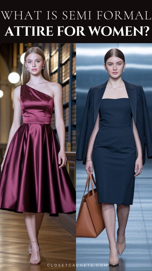 A model on the left wears a burgundy satin, one-shoulder flare dress that falls below the knee, complemented by strappy sandals. On the right, another model showcases a fitted navy blue dress with a square neckline, paired with a tailored blazer and a tan tote bag, along with nude heels. Both outfits exemplify elegant semi-formal attire for women.