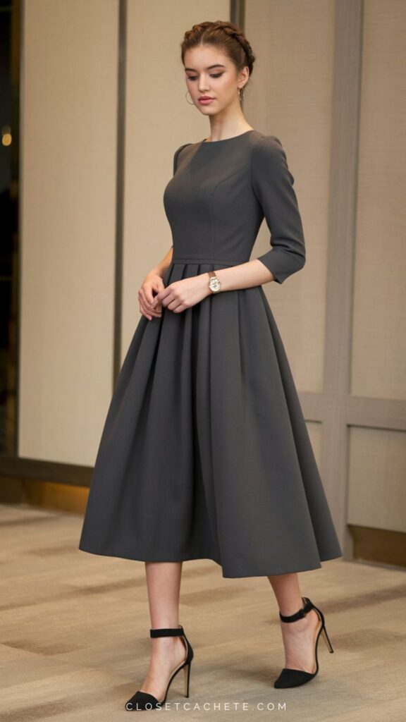 A woman in a fitted, knee-length, dark gray dress with three-quarter sleeves stands elegantly, showcasing a flared skirt that cascades gracefully. She pairs the dress with black high-heeled shoes and wears a simple watch, adding a touch of sophistication to her semi-formal look. Her hair is styled in loose waves, enhancing the overall polished appearance.