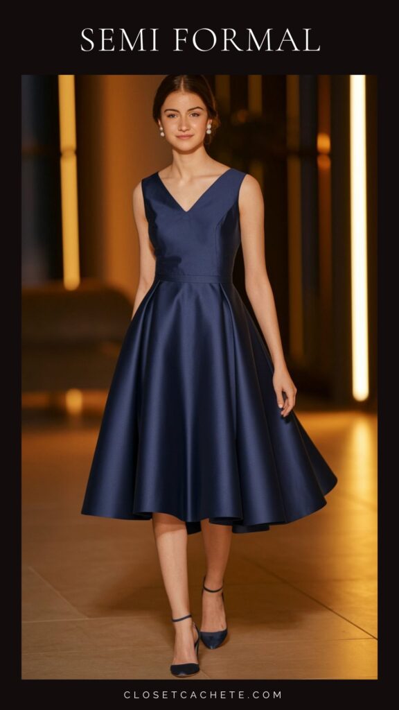 The image features a young woman wearing a knee-length, navy blue semi-formal dress with a fitted bodice and a flared skirt. She pairs the dress with black ankle-strap heels, capturing an elegant yet relaxed style suitable for semi-formal occasions. The overall look is complemented by her simple earrings and smooth hairstyle, enhancing the outfit's sophisticated appeal.