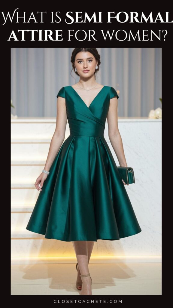 A model showcases a shimmering emerald green semi-formal dress, featuring a fitted bodice with a deep V-neck and cap sleeves. The skirt flows elegantly to mid-calf length, paired with strappy nude heels and minimal accessories, creating a polished and sophisticated look ideal for semi-formal occasions.