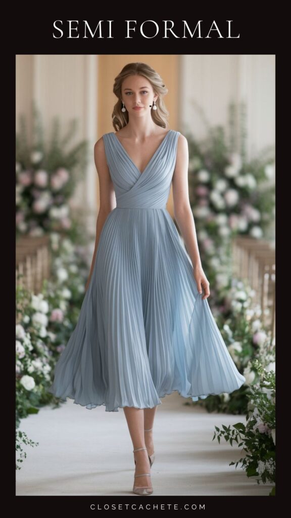 A flowing, pleated dress in soft light blue features a plunging V-neckline and wide straps, suitable for semi-formal occasions. The knee-length skirt adds an elegant touch, while the model pairs it with strappy nude heels, enhancing the overall refined look. The backdrop of floral arrangements complements the dress's graceful style.