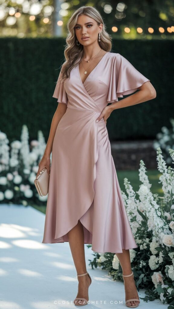A woman is wearing a soft pink wrap dress with flutter sleeves and a draped hemline, exuding elegance suitable for semi-formal occasions. She pairs the dress with nude strappy heels and holds a small metallic clutch, completing her polished look. The backdrop features lush greenery and white floral arrangements, enhancing the outfit's sophisticated appearance.