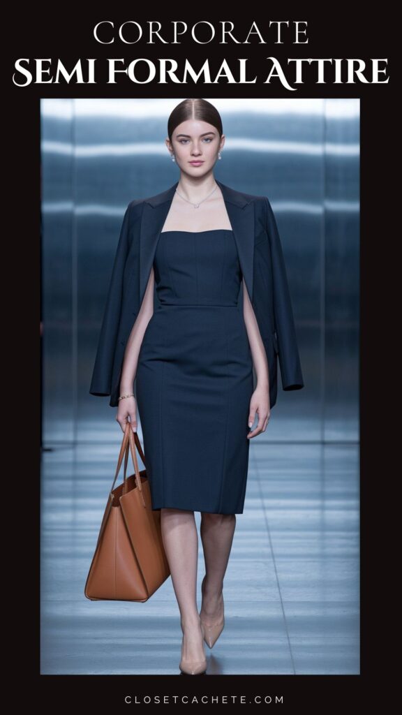 A woman in a fitted, navy blue dress with a strapless neckline walks confidently, complemented by a tailored jacket draped over her shoulders. She carries a brown tote bag and wears nude heels, presenting a polished look appropriate for semi-formal corporate events. Her hair is styled sleek and straight, enhancing the sophisticated vibe of the ensemble.