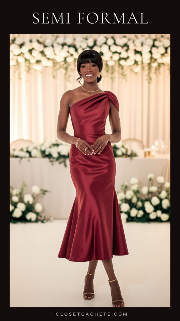 A woman stands elegantly in a one-shoulder, red satin dress that hugs her figure and flares out at the hem, embodying a semi-formal aesthetic. She accessorizes with delicate jewelry and strappy brown heels, complemented by a soft hairstyle that frames her face. The background features a softly lit floral arrangement, enhancing the sophisticated ambiance.