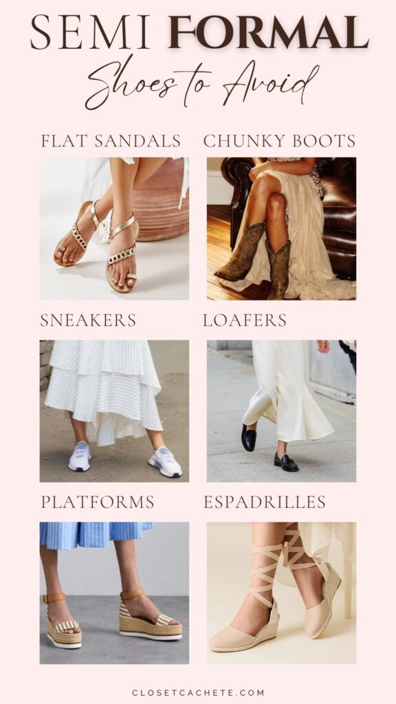 A visual guide featuring six types of semi-formal shoes to avoid is presented on a soft pink background. The top row displays flat sandals and chunky boots, while the bottom row showcases sneakers, loafers, platforms, and espadrilles, each represented with images of women wearing the shoes in casual and dressy outfits. Clear labels identify each shoe type, emphasizing options not suitable for semi-formal occasions.