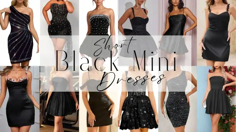 collection of short black dresses featuring a variety of black mini dresses, black cocktail dresses and above the knee black dresses, including fitted silhouettes and playful skater designs, crafted from shimmering fabrics that enhance their elegance. Each dress showcases details like glittering accents, structured corsets, and floral embellishments, embodying a chic and trendy vibe.