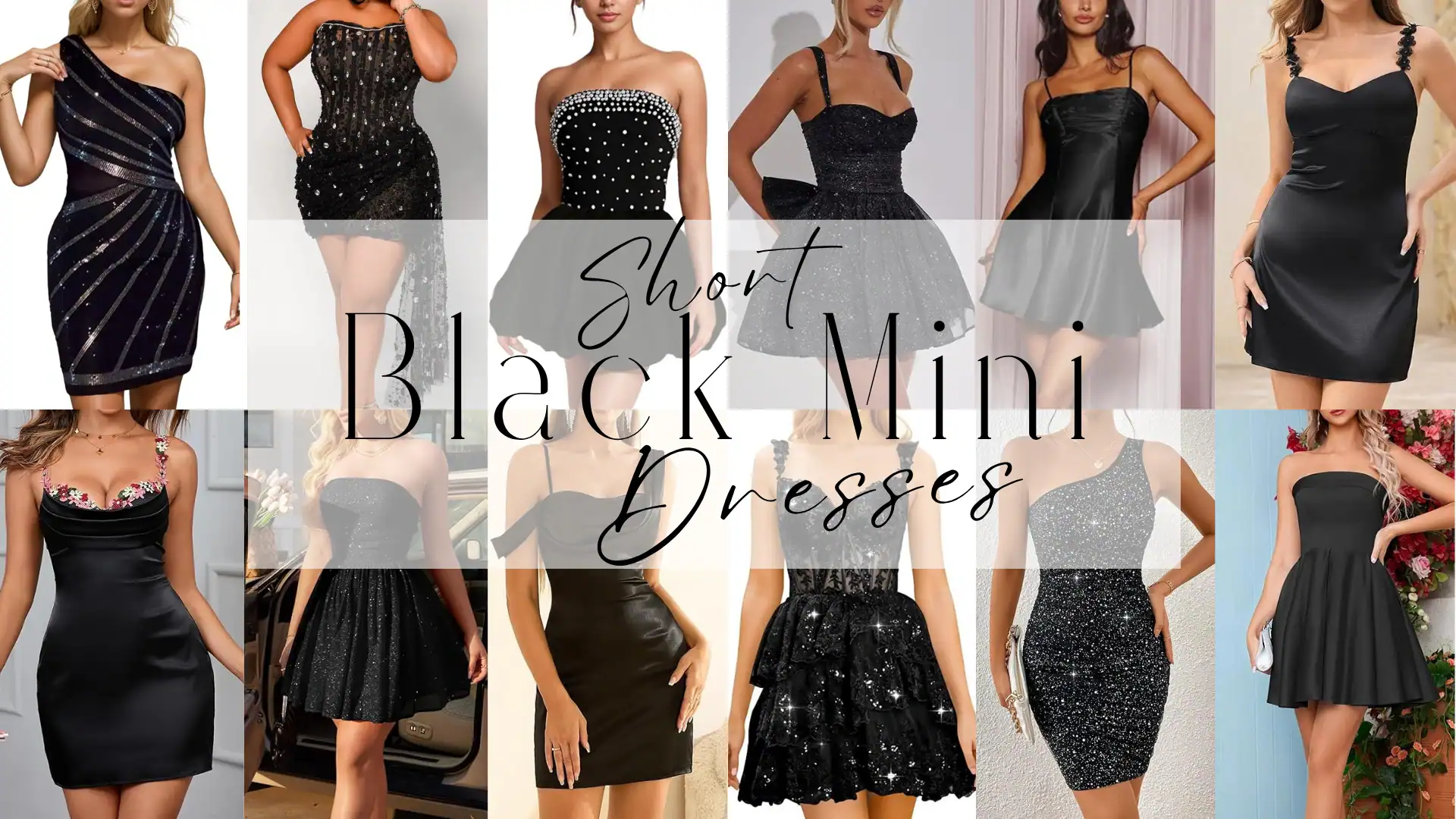 collection of short black dresses featuring a variety of black mini dresses, black cocktail dresses and above the knee black dresses, including fitted silhouettes and playful skater designs, crafted from shimmering fabrics that enhance their elegance. Each dress showcases details like glittering accents, structured corsets, and floral embellishments, embodying a chic and trendy vibe.