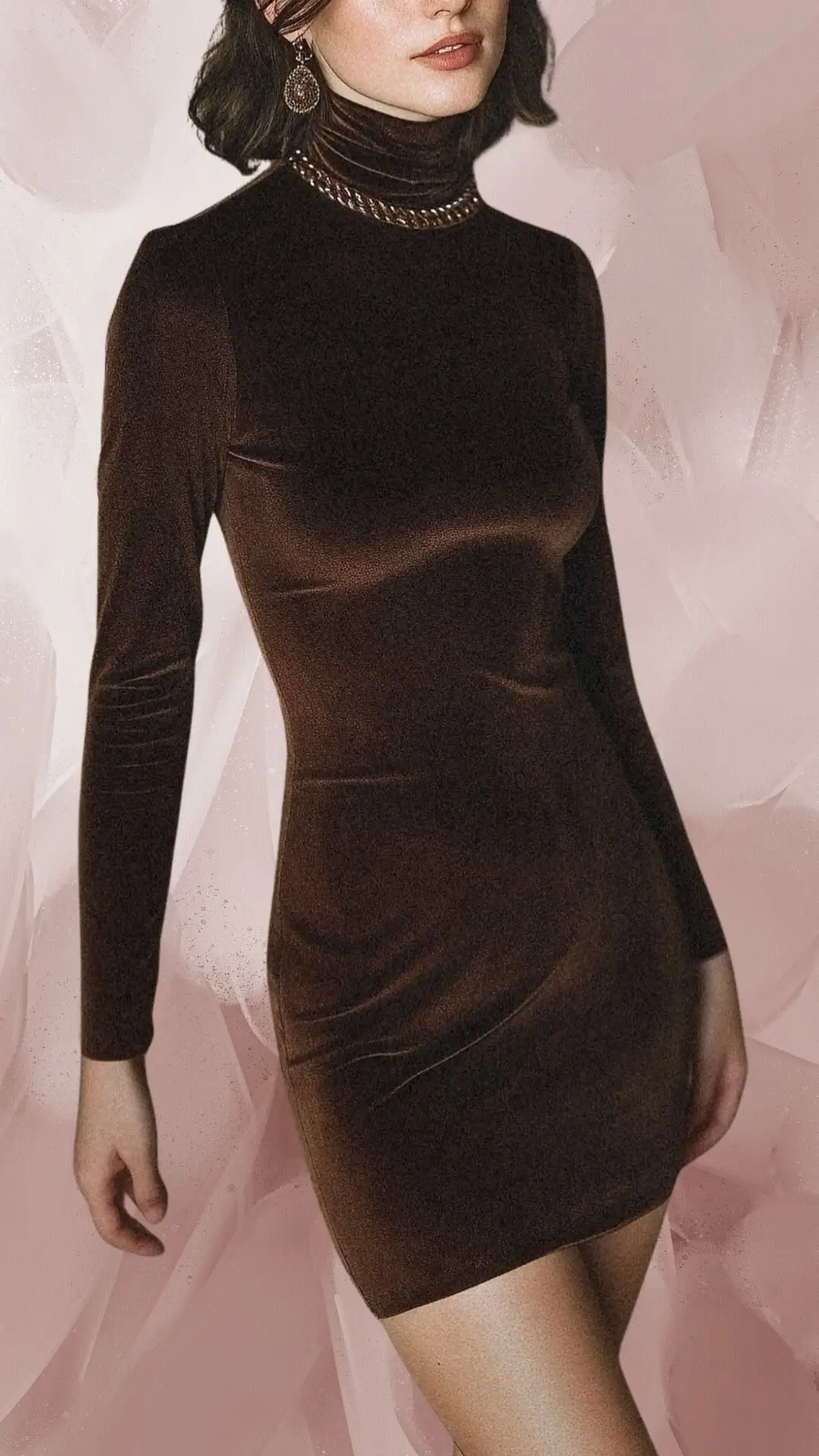 The outfit features a form-fitting short brown dress made from a soft, velvety fabric that has a subtle sheen. It has long sleeves, a high neckline, and is paired with elegant earrings, enhancing its sophisticated look. The rich chocolate shade and sleek silhouette create a stunning, modern aesthetic perfect for various occasions.
