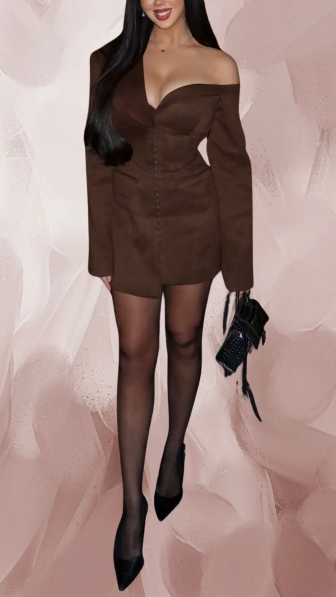 The outfit features a fitted, short brown dress made from a soft, textured fabric, showcasing a plunging neckline and elegant off-the-shoulder long sleeves. Paired with sheer black tights and pointed-toe black heels, the look is complemented by a small black handbag, enhancing its sophisticated style. The rich brown hue and form-fitting design create a chic and polished appearance.