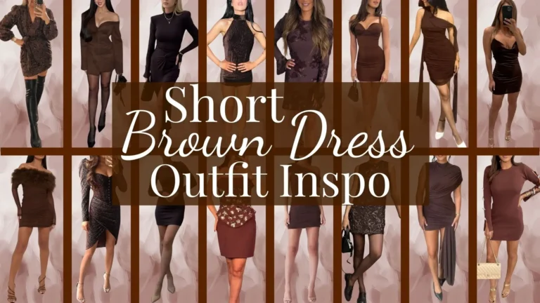 A collection of stylish short brown dresses featuring varying textures and designs, including a sleek satin option, a fitted ribbed style, and a layered, draped look. The dresses display different necklines such as off-the-shoulder and high-neck, with some featuring elegant embellishments. Accompanying footwear includes strappy heels and chic over-the-knee boots, enhancing the overall sophisticated appearance.