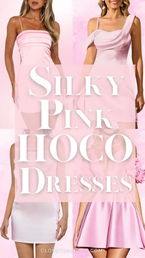This collection of silky pink Hoco dresses showcases a variety of elegant styles featuring smooth, lustrous fabric in shades ranging from light pastel pink to a deeper rose. Designs include fitted silhouettes with sleek lines, one-shoulder details, and voluminous skirts adorned with floral accents, creating a blend of contemporary and romantic aesthetics. Each dress is tailored to enhance the feminine form, emphasizing both sophistication and playful charm.