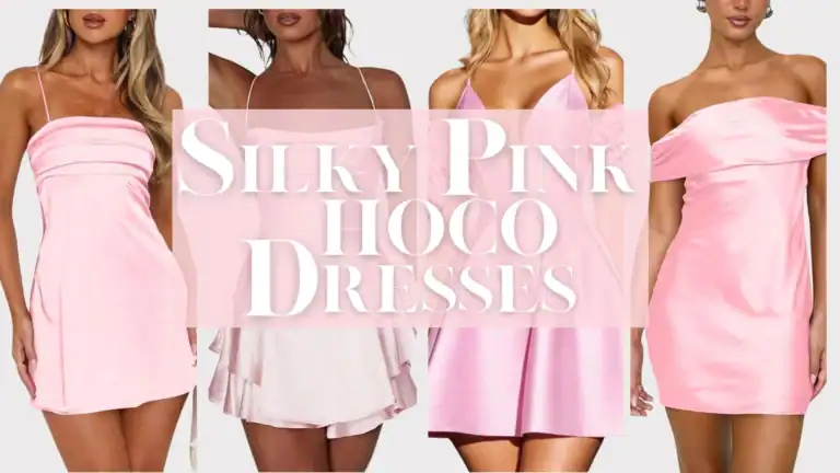 This collection features silk pink homecoming dresses with varied designs. Styles include a fitted mini dress with a structured bodice and spaghetti straps, a playful A-line silhouette with layered ruffles, and a sleek, off-the-shoulder design. The dresses showcase a range of soft pink shades, from subtle pastel to vibrant blush, all crafted from lustrous silk for an elegant finish.