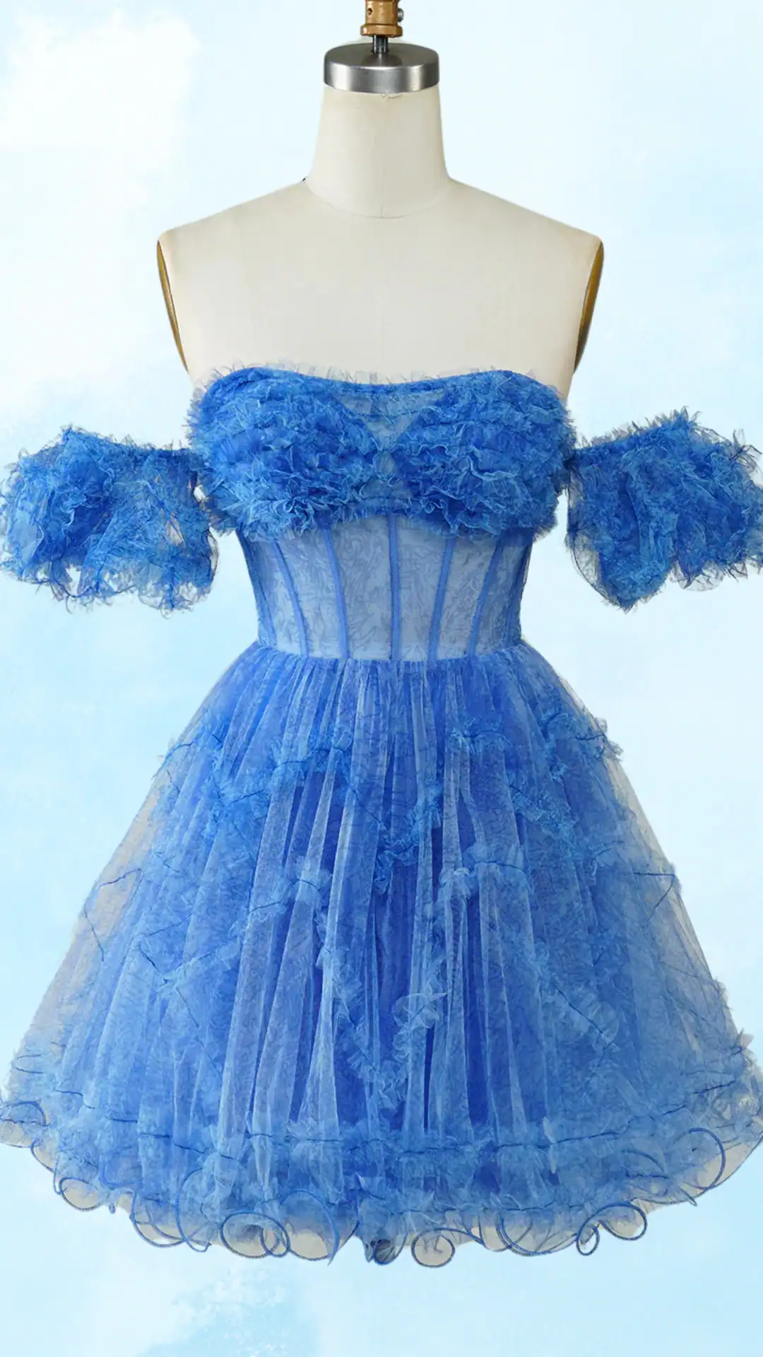 This playful homecoming dress features a vibrant sky blue color with a layered, ruffled texture made from sheer tulle, giving it a light and airy feel. Its off-the-shoulder design and fitted bodice flow into a voluminous skirt, creating a fun, romantic vibe perfect for a school dance or special event, appealing to teenage girls seeking a youthful and trendy look.