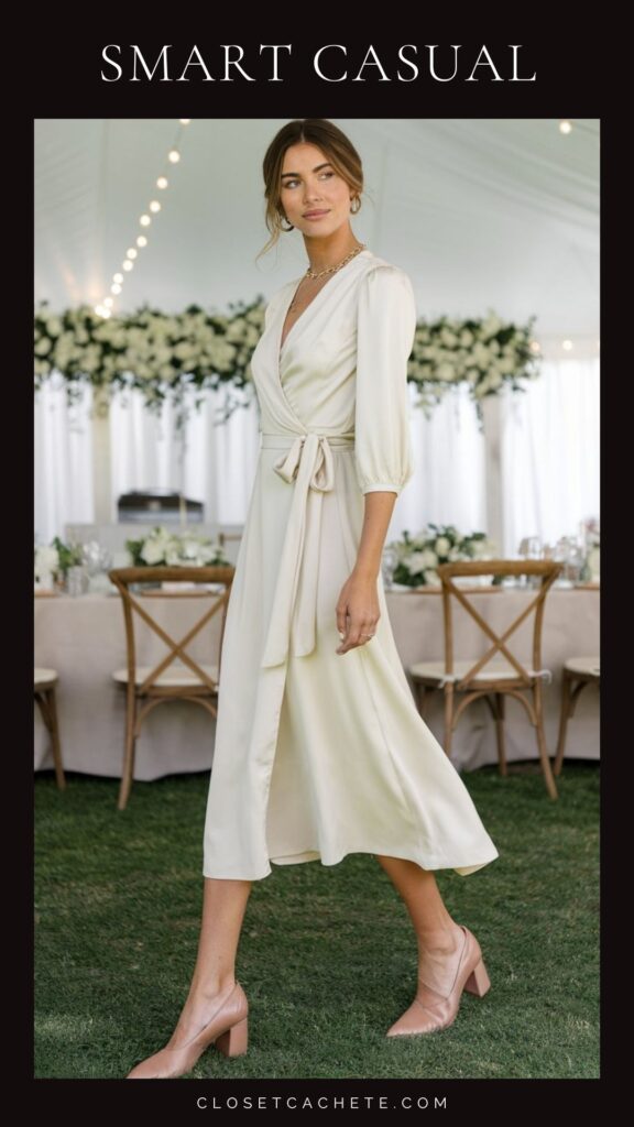 A woman is wearing a light cream, wrap-style dress with balloon sleeves and a tie at the waist, falling to mid-calf length. She pairs the dress with simple nude block-heeled shoes, perfect for a smart casual event. The setting features elegant table arrangements and greenery in the background.