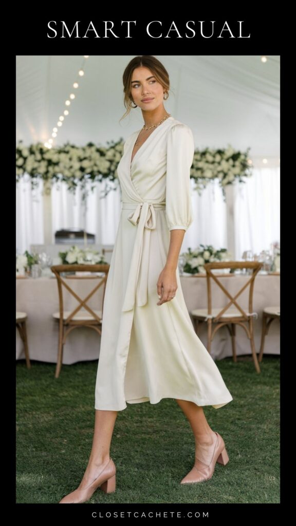 Woman dressed in smart casual attire at an outdoor wedding reception, elegant daytime styling. Woman wearing a cream midi wrap dress in soft jersey with three-quarter sleeves and tie waist, nude leather block heel pumps, delicate gold chain necklace and small gold hoop earrings, hair styled in loose beachy waves with a side part, natural glowing makeup.