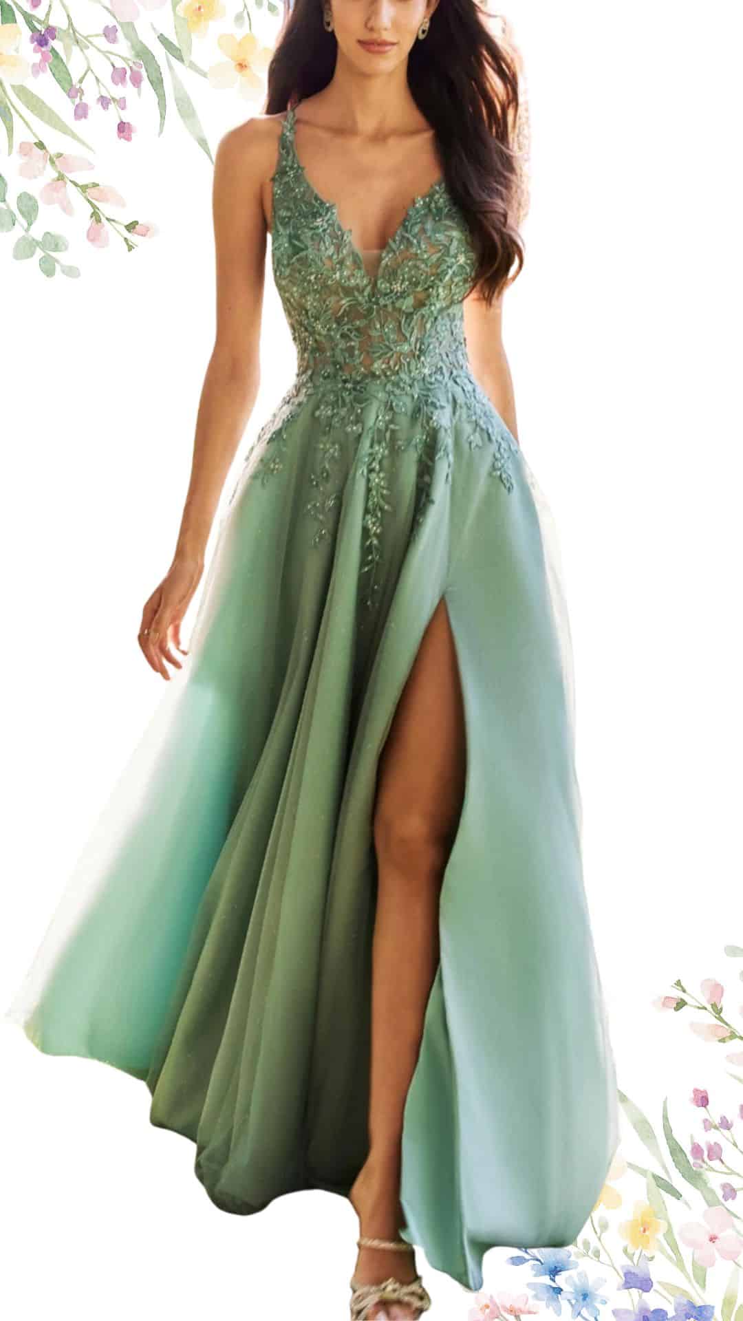 This elegant spring wedding guest dress features a flowing, ankle-length design in a soft, muted green shade, complemented by delicate beading embellishments on the bodice. The dress has a plunging V-neckline and adjustable spaghetti straps, with a high slit on one side that adds a touch of sophistication and movement. The lightweight fabric flows gracefully, making it a perfect choice for a chic, seasonal celebration.
